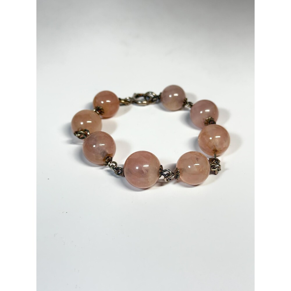 Sterling Silver Rose Quartz Bead Bracelet 925 Large Gemstone Beads ~7.4”